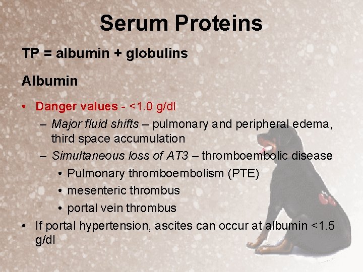 Serum Proteins TP = albumin + globulins Albumin • Danger values - <1. 0