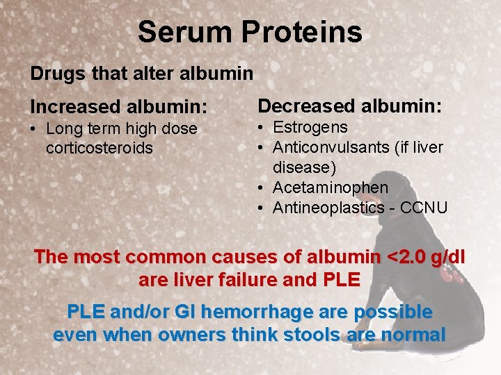 Serum Proteins Drugs that alter albumin Increased albumin: Decreased albumin: • Long term high