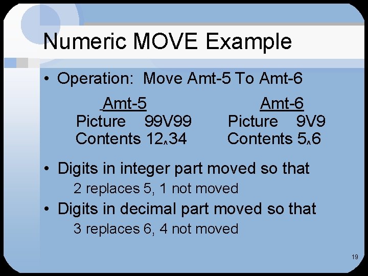 Numeric MOVE Example • Operation: Move Amt-5 To Amt-6 Amt-5 Picture 99 V 99