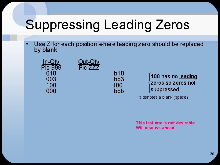 Suppressing Leading Zeros • Use Z for each position where leading zero should be