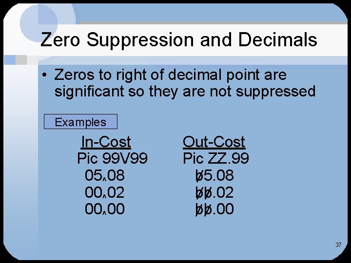 Zero Suppression and Decimals • Zeros to right of decimal point are significant so