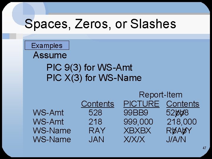 Spaces, Zeros, or Slashes Examples Assume PIC 9(3) for WS-Amt PIC X(3) for WS-Name