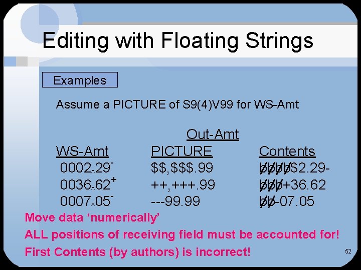 Editing with Floating Strings Examples Assume a PICTURE of S 9(4)V 99 for WS-Amt