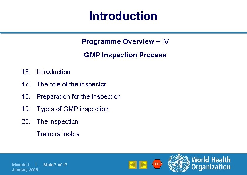 Introduction Programme Overview – IV GMP Inspection Process 16. Introduction 17. The role of