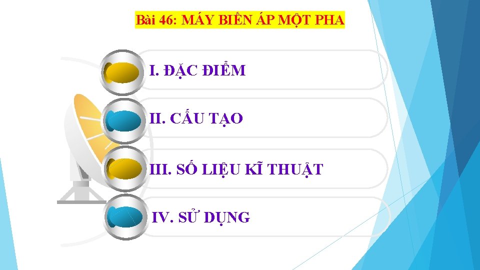 Bài 46: MÁY BIẾN ÁP MỘT PHA I. ĐẶC ĐIỂM II. CẤU TẠO III.