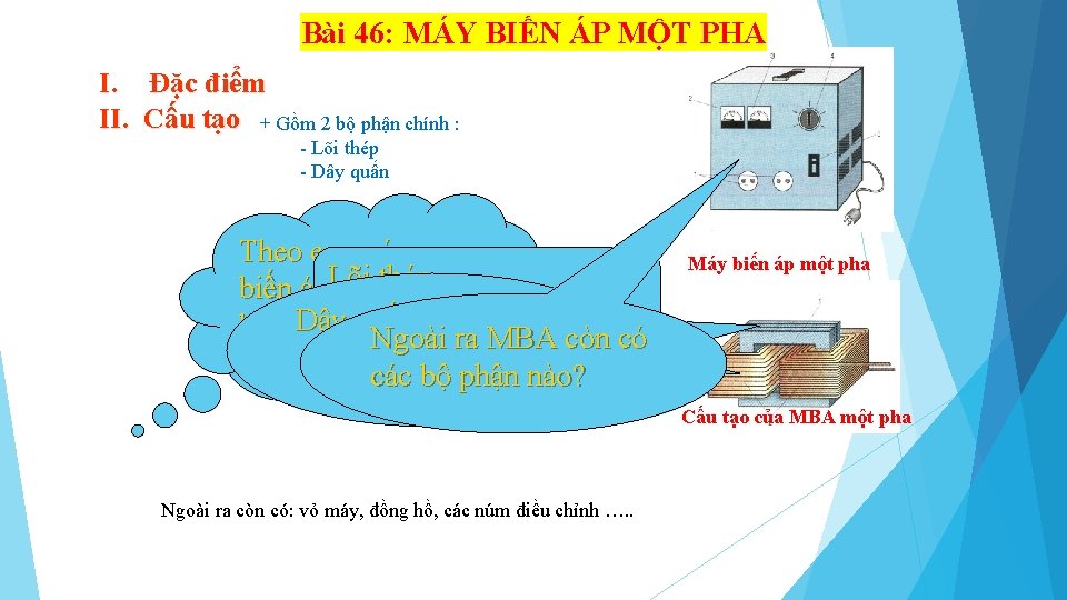 Bài 46: MÁY BIẾN ÁP MỘT PHA I. Đặc điểm II. Cấu tạo +