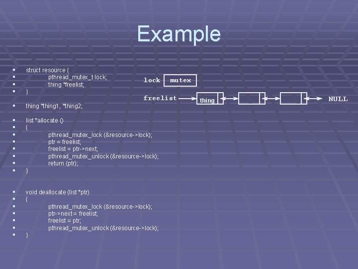 Example § § struct resource { pthread_mutex_t lock; thing *freelist; ; } lock mutex