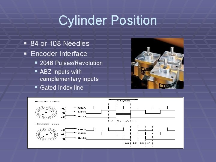 Cylinder Position § 84 or 108 Needles § Encoder Interface § 2048 Pulses/Revolution §