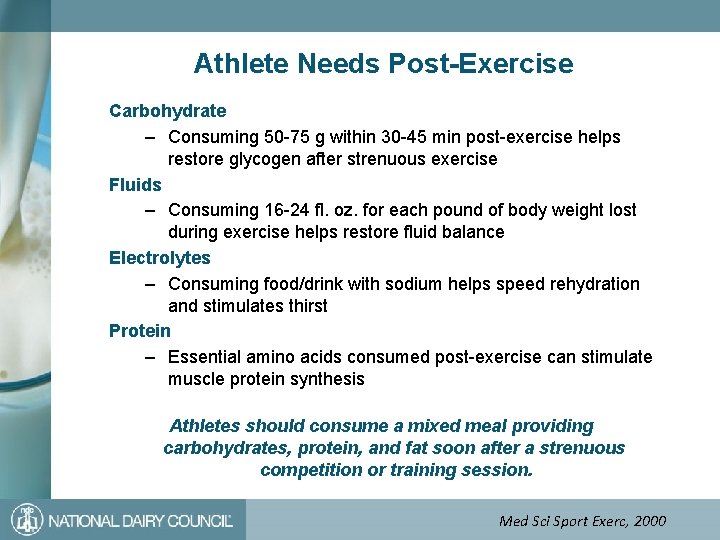 Athlete Needs Post-Exercise Carbohydrate – Consuming 50 -75 g within 30 -45 min post-exercise