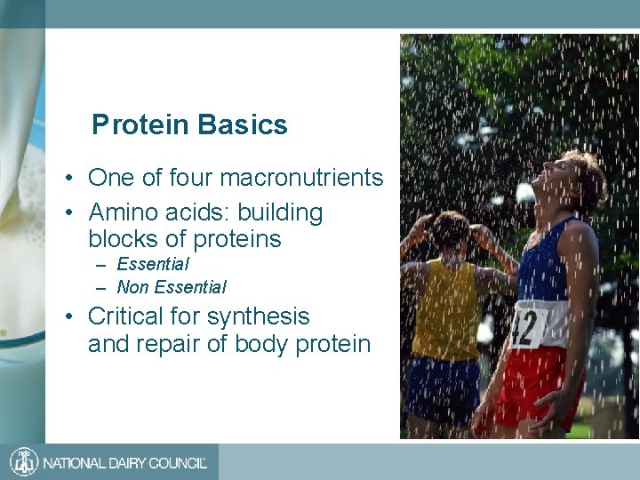 Protein Basics • One of four macronutrients • Amino acids: building blocks of proteins