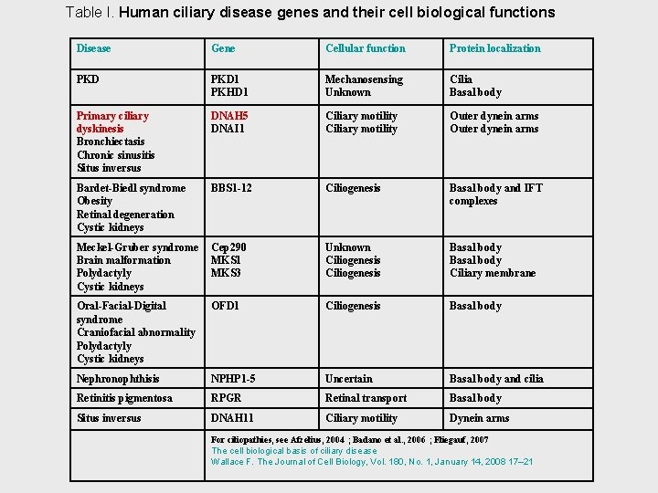 Table I. Human ciliary disease genes and their cell biological functions Disease Gene Cellular
