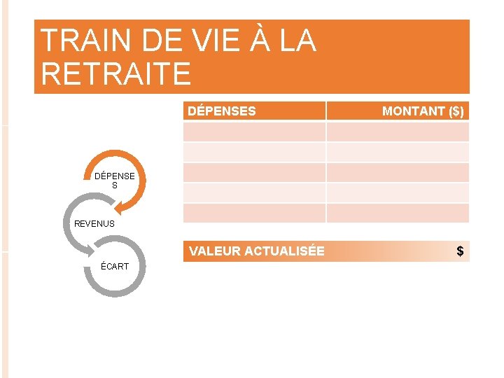 TRAIN DE VIE À LA RETRAITE DÉPENSES MONTANT ($) DÉPENSE S REVENUS VALEUR ACTUALISÉE