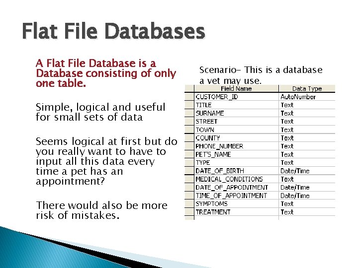 Flat File Databases A Flat File Database is a Database consisting of only one