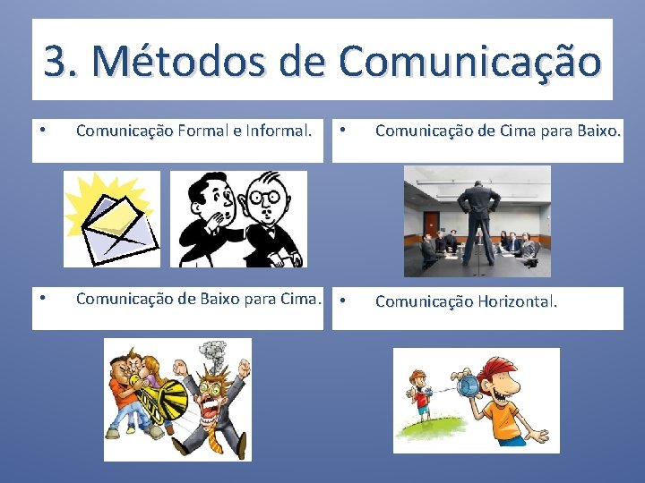 3. Métodos de Comunicação • Comunicação Formal e Informal. • Comunicação de Baixo para