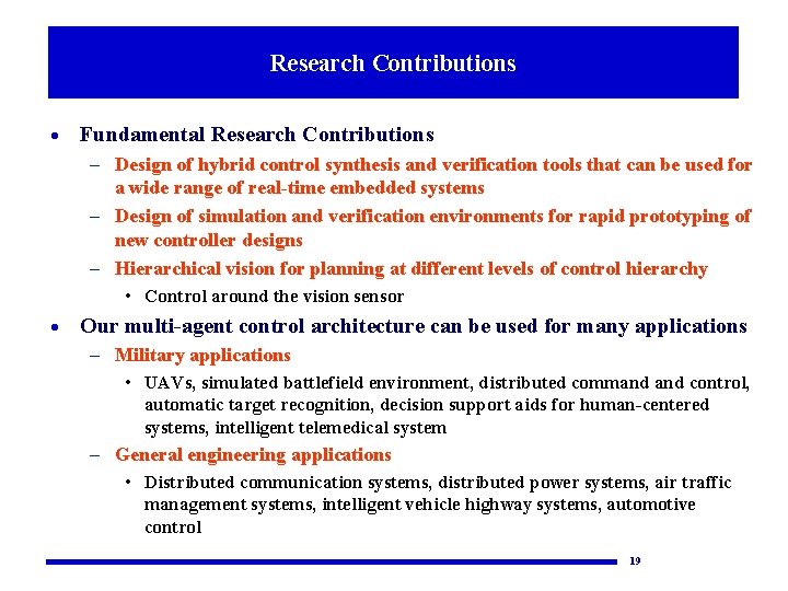 Research Contributions · Fundamental Research Contributions – Design of hybrid control synthesis and verification