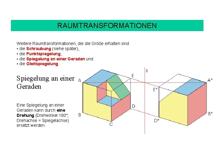 RAUMTRANSFORMATIONEN Weitere Raumtransformationen, die Größe erhalten sind • die Schraubung (siehe später), • die