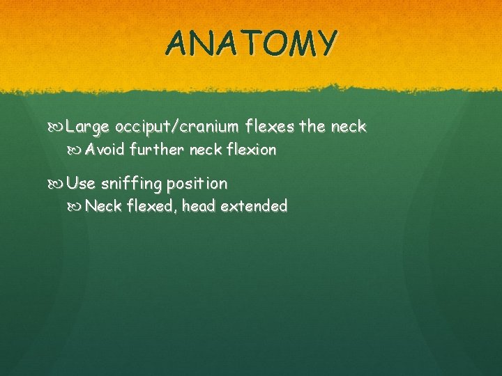 ANATOMY Large occiput/cranium flexes the neck Avoid further neck flexion Use sniffing position Neck