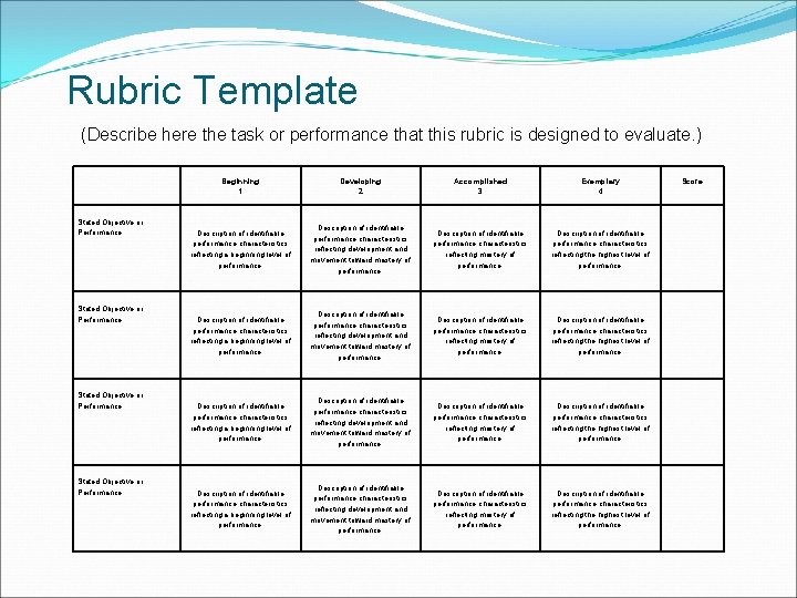 Rubric Template (Describe here the task or performance that this rubric is designed to