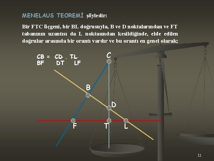 MENELAUS TEOREMİ şöyledir: Bir FTC üçgeni, bir BL doğrusuyla, B ve D noktalarından ve
