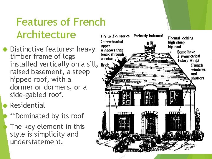 Features of French Architecture Distinctive features: heavy timber frame of logs installed vertically on