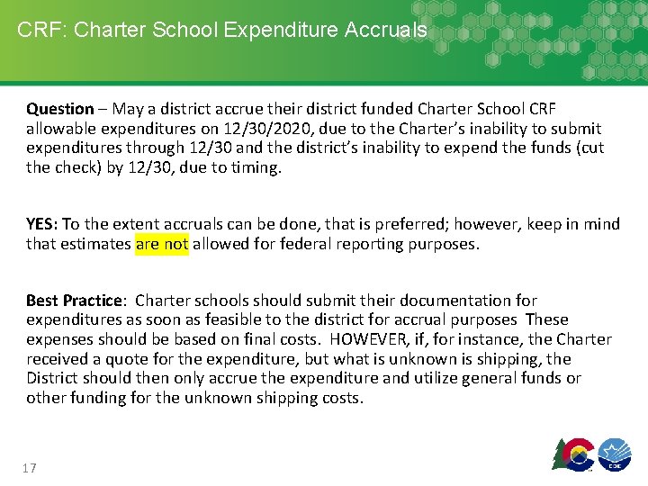 CRF: Charter School Expenditure Accruals Question – May a district accrue their district funded