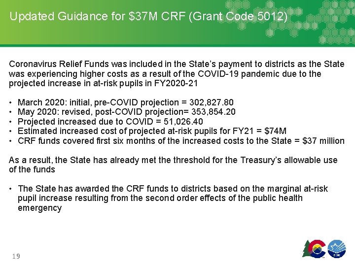 Updated Guidance for $37 M CRF (Grant Code 5012) Coronavirus Relief Funds was included