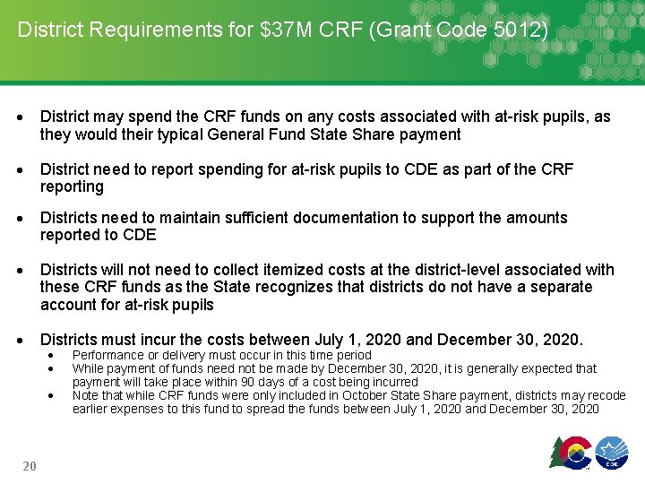 District Requirements for $37 M CRF (Grant Code 5012) District may spend the CRF