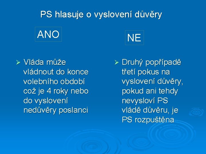 PS hlasuje o vyslovení důvěry ANO Ø Vláda může vládnout do konce volebního období