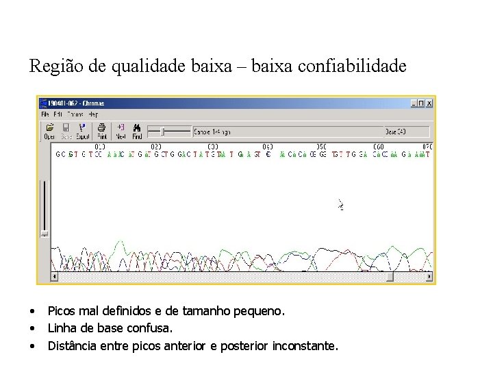 Região de qualidade baixa – baixa confiabilidade • • • Picos mal definidos e