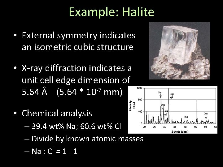 Example: Halite • External symmetry indicates an isometric cubic structure • X-ray diffraction indicates