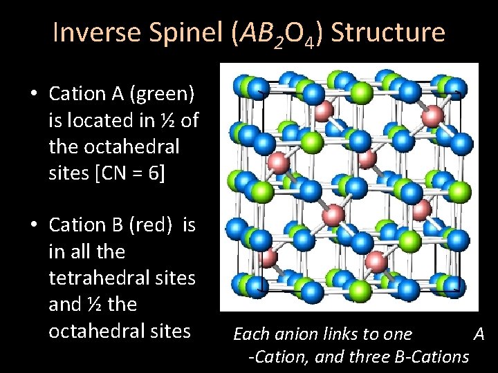 Inverse Spinel (AB 2 O 4) Structure • Cation A (green) is located in