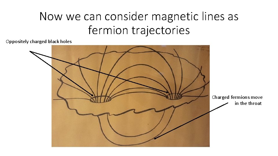 Now we can consider magnetic lines as fermion trajectories Oppositely charged black holes Charged