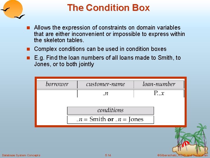 The Condition Box n Allows the expression of constraints on domain variables that are