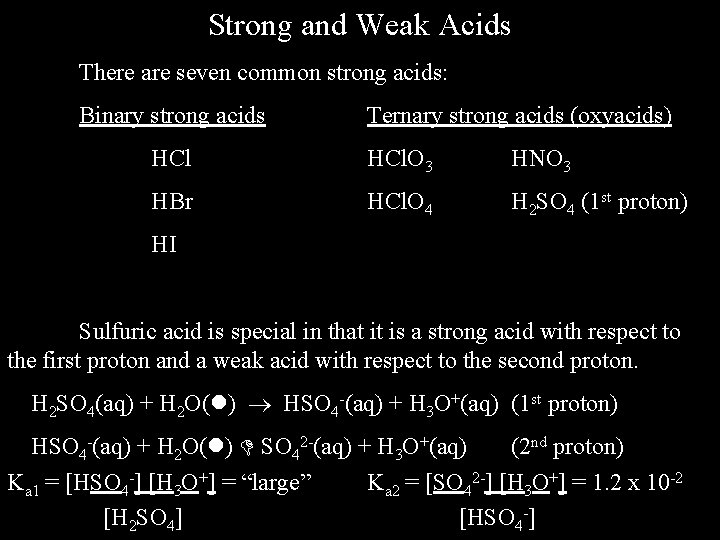 Strong and Weak Acids There are seven common strong acids: Binary strong acids Ternary
