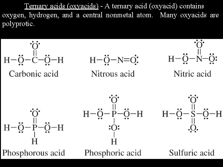 Ternary acids (oxyacids) - A ternary acid (oxyacid) contains oxygen, hydrogen, and a central