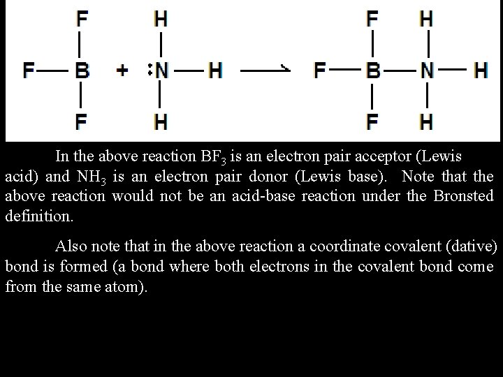 In the above reaction BF 3 is an electron pair acceptor (Lewis acid) and