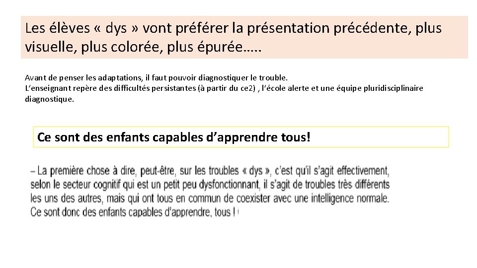 Les élèves « dys » vont préférer la présentation précédente, plus visuelle, plus colorée,