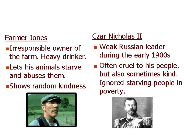 Czar Nicholas II Farmer Jones n Weak Russian leader n. Irresponsible owner of during
