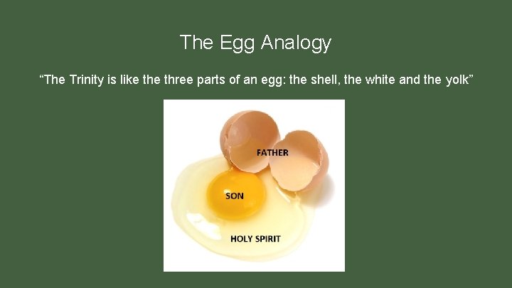 The Egg Analogy “The Trinity is like three parts of an egg: the shell,