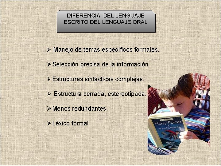DIFERENCIA DEL LENGUAJE ESCRITO DEL LENGUAJE ORAL Ø Manejo de temas específicos formales. ØSelección