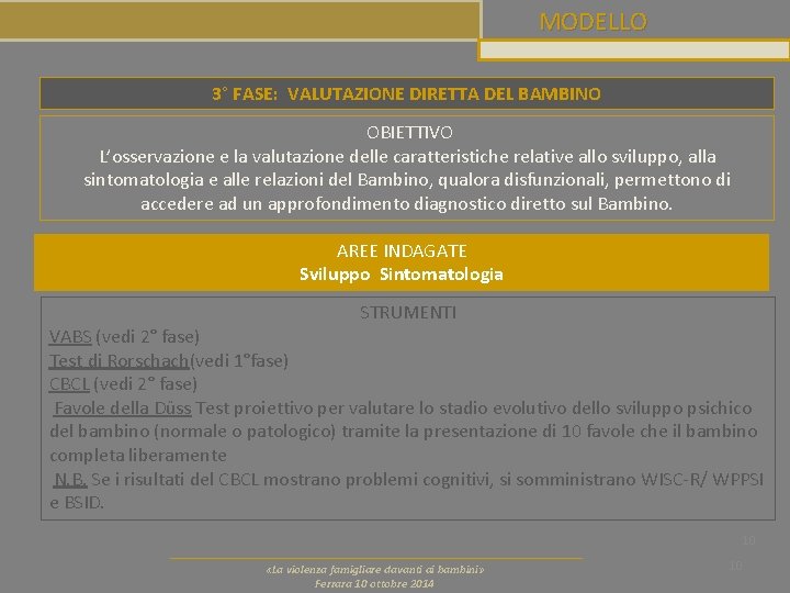 MODELLO 3° FASE: VALUTAZIONE DIRETTA DEL BAMBINO OBIETTIVO L’osservazione e la valutazione delle caratteristiche