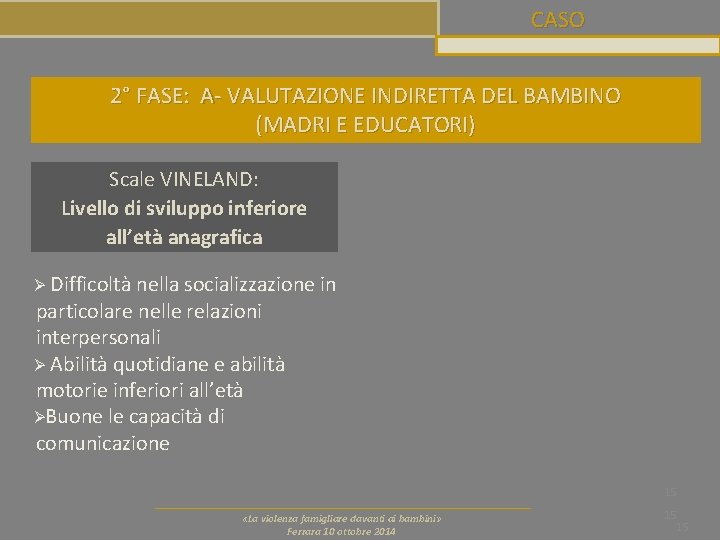 CASO 2° FASE: A- VALUTAZIONE INDIRETTA DEL BAMBINO (MADRI E EDUCATORI) Scale VINELAND: Livello