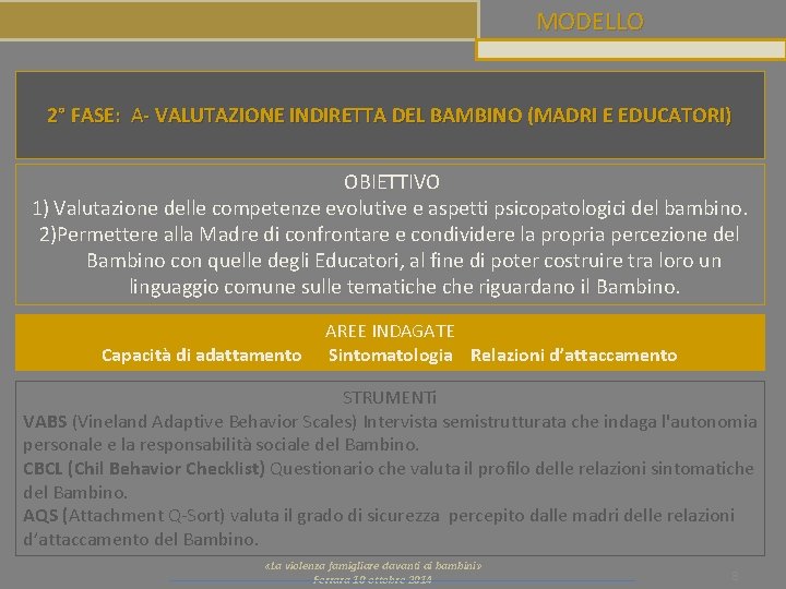 MODELLO 2° FASE: A- VALUTAZIONE INDIRETTA DEL BAMBINO (MADRI E EDUCATORI) OBIETTIVO 1) Valutazione