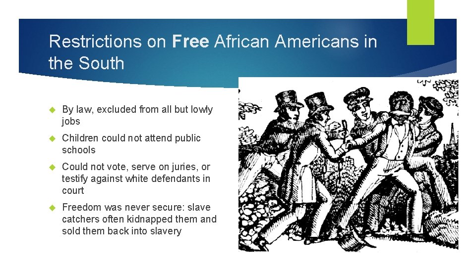 Restrictions on Free African Americans in the South By law, excluded from all but