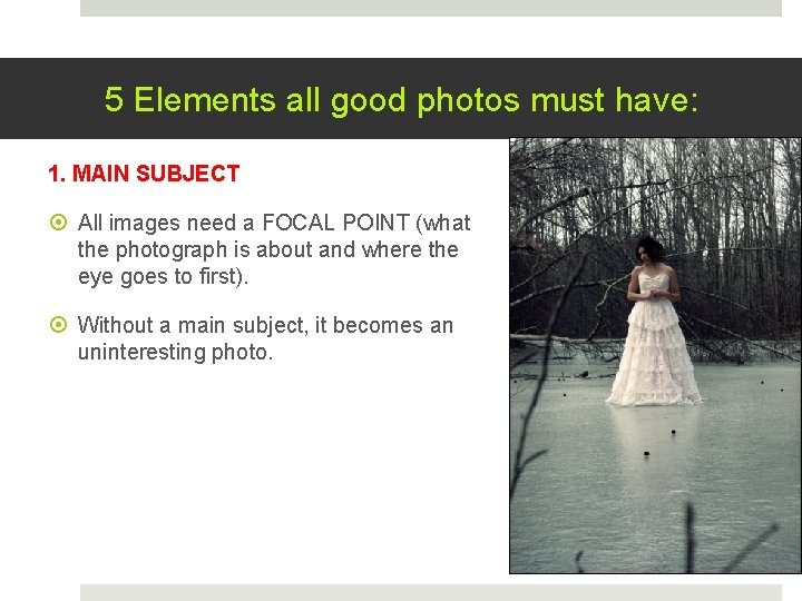 5 Elements all good photos must have: 1. MAIN SUBJECT All images need a