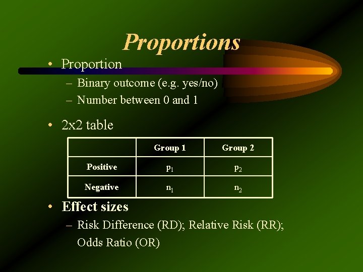 Proportions • Proportion – Binary outcome (e. g. yes/no) – Number between 0 and
