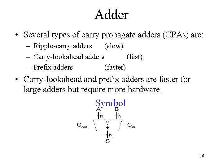 Adder • Several types of carry propagate adders (CPAs) are: – Ripple-carry adders (slow)