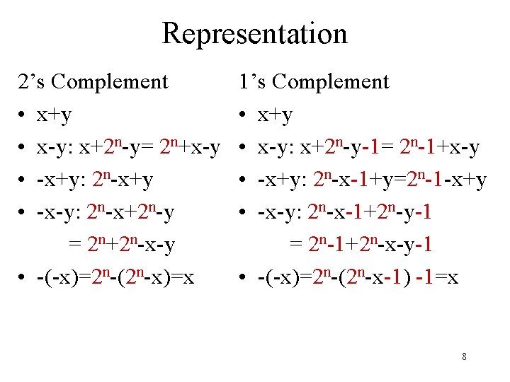 Representation 2’s Complement • x+y • x-y: x+2 n-y= 2 n+x-y • -x+y: 2