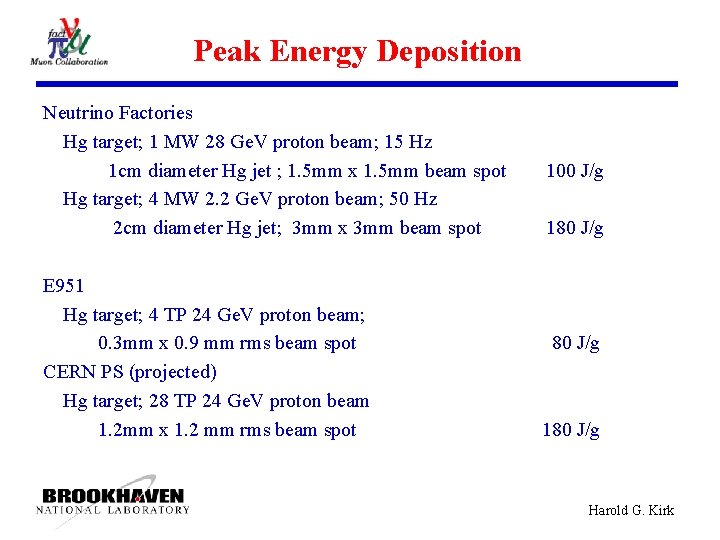 Peak Energy Deposition Neutrino Factories Hg target; 1 MW 28 Ge. V proton beam;