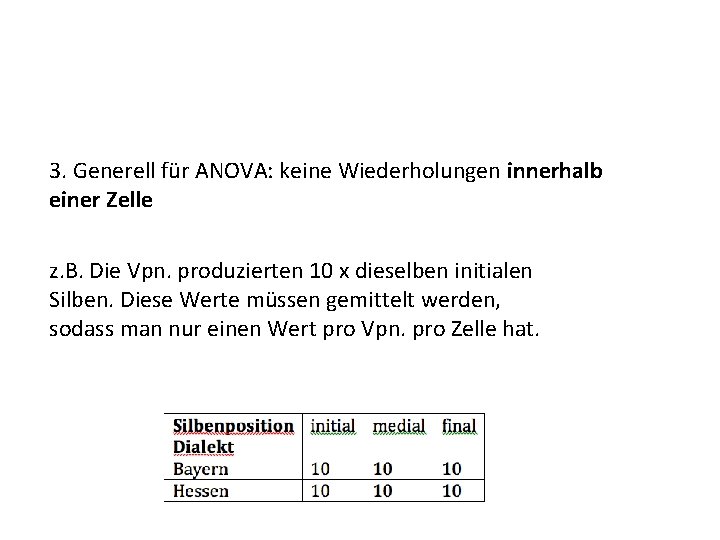 3. Generell für ANOVA: keine Wiederholungen innerhalb einer Zelle z. B. Die Vpn. produzierten